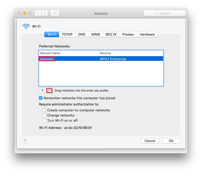 Screenshot of the 'Network' window with the 'Network Name' field and the minus sign highlighted.