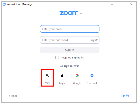 Zoom login screen with the SSO option highlighted.