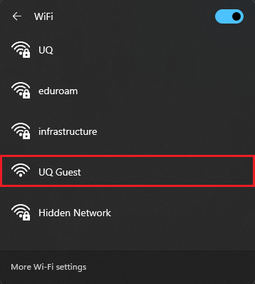List of available wireless networks with UQ Guest wifi highlighted.