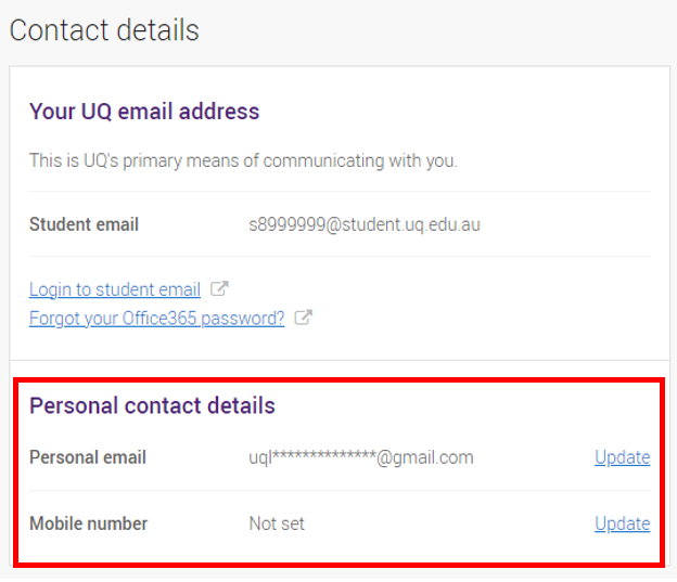 Contact details section of my UQ with personal contact details section highlighted showing personal email and mobile number fields.