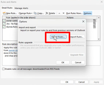 outlook rules and alerts options menu with the export rules button highlighted