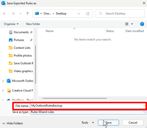 save exported rules window with file name field highlighted