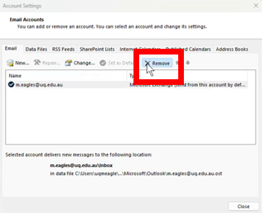 outlook account settings with remove option highlighted
