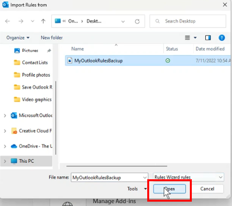 outlook window to select email rule to import back in