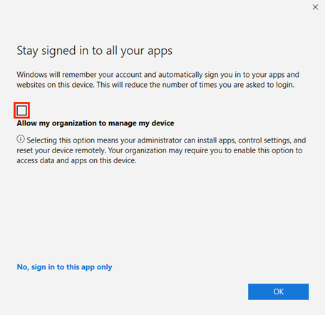 m365 prompt highlighting the checkbox to allow organisation to manage device