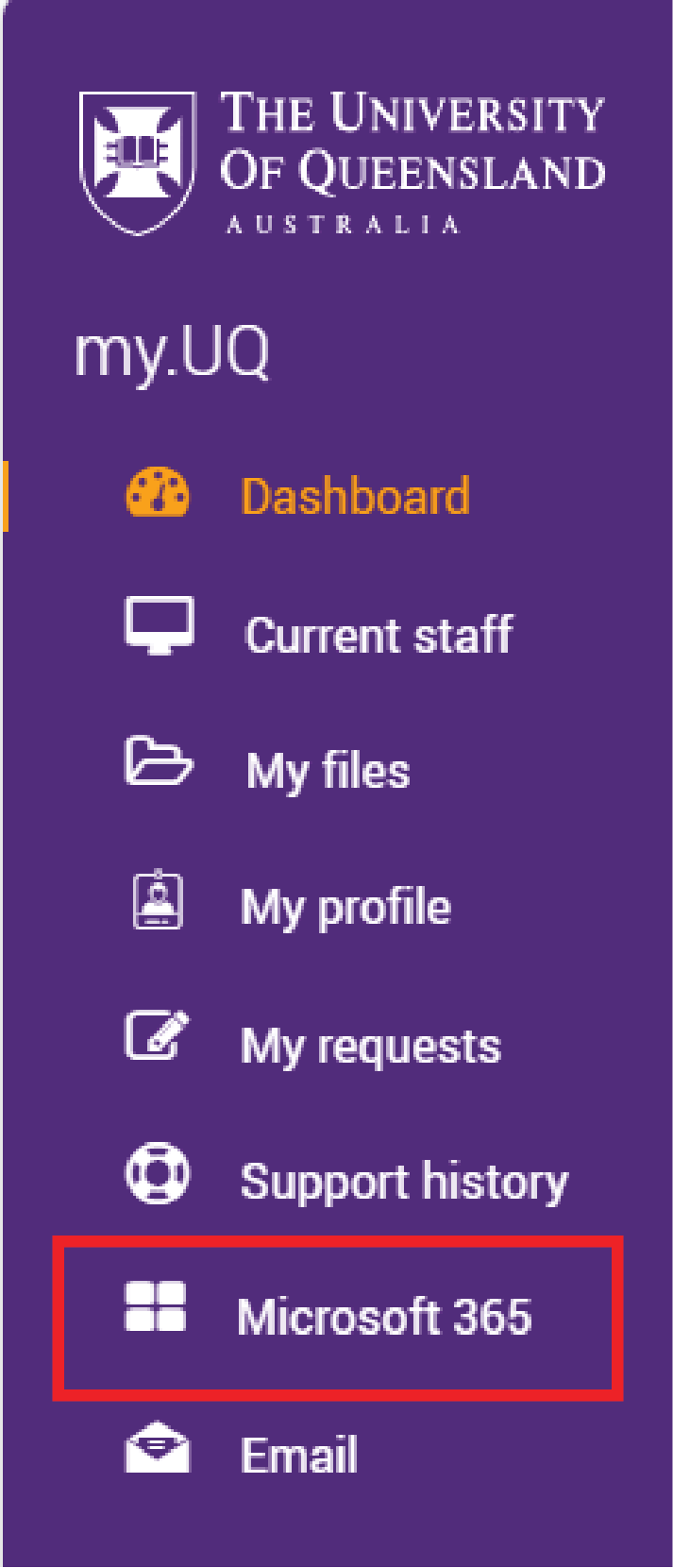 A menu from the UQ website with several links and a purple background