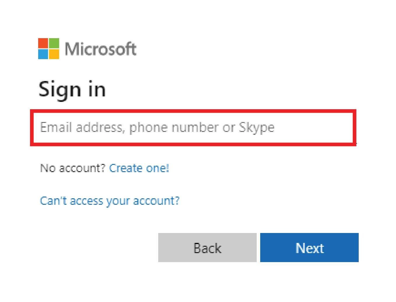 A snippet of the Microsoft Sign In page with a red rectangle outlining the text field